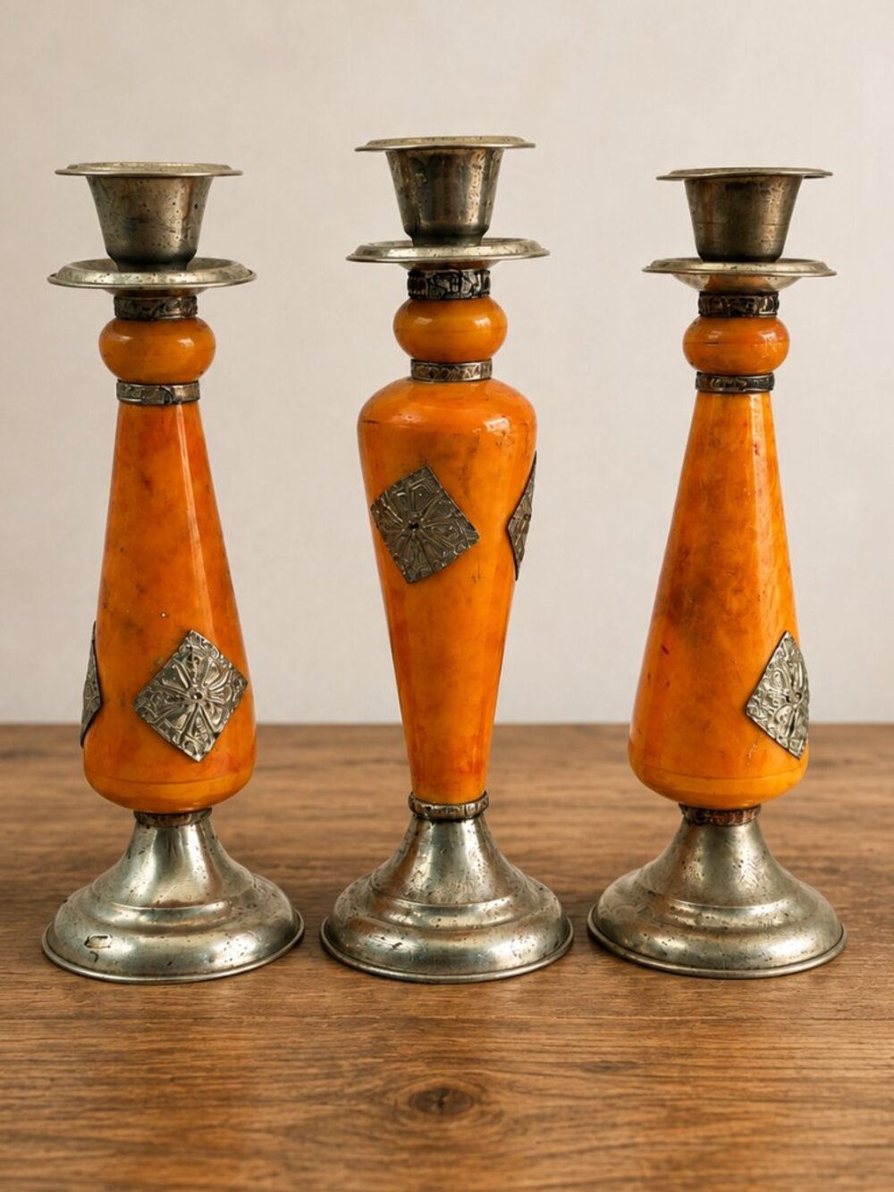 Vintage Moroccan Decor Candle Stick Holders Set of 3 Orange Silver Boho 9.5"